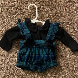 Blue/green outfit withh black long sleeve onesie underneath
